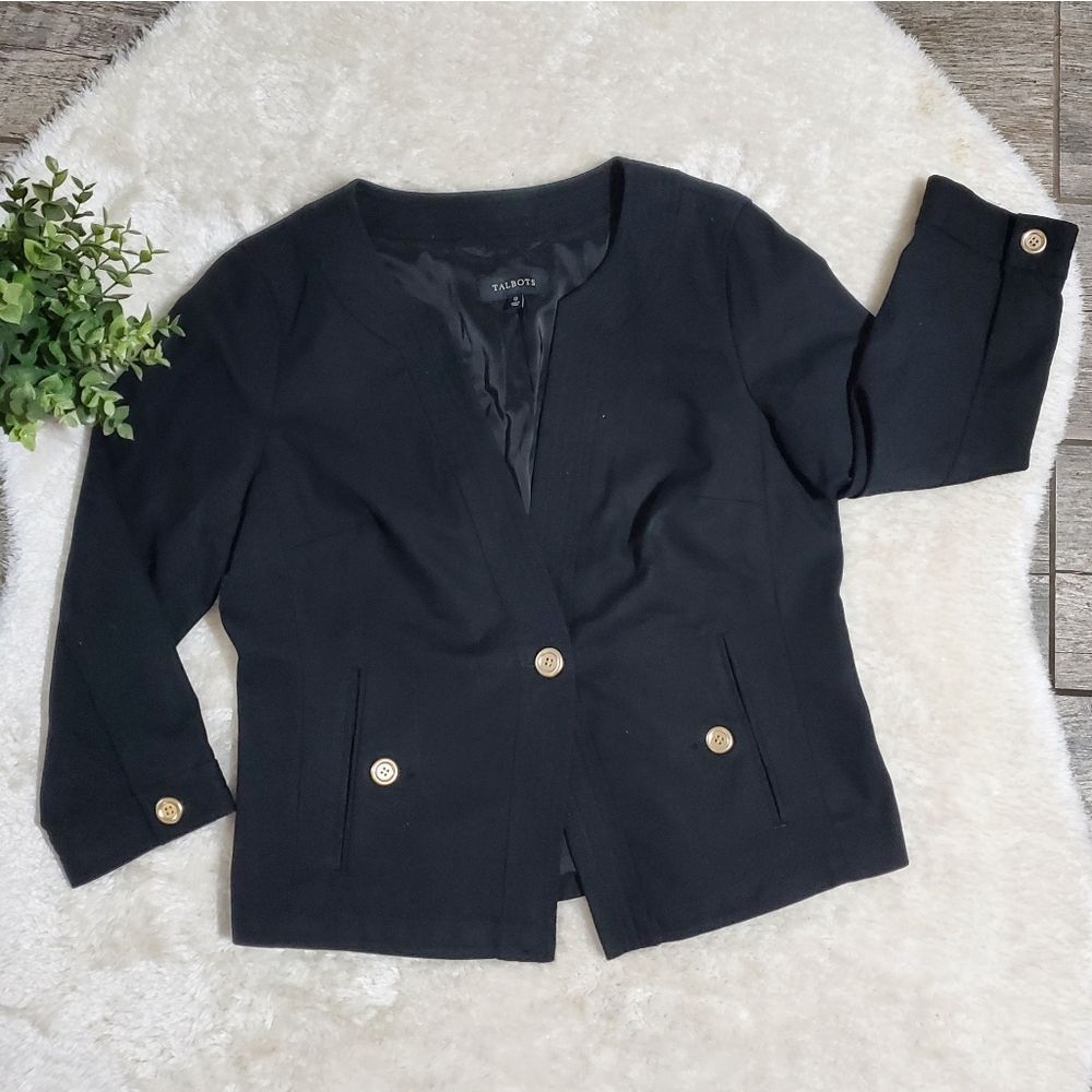 Talbots Black w/ Gold Buttons Grace Fit Preppy Blazer, Size 12  quarter sleeves